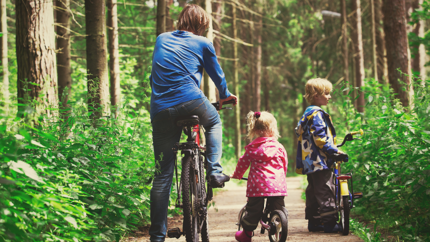 Afbeelding gezin fietsend in bos